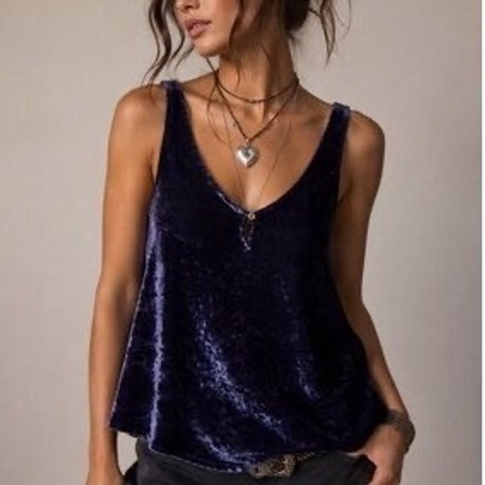 Anthropologie Velvet Tank Top Women L Navy Blue Excellent Chic Casual Racerback